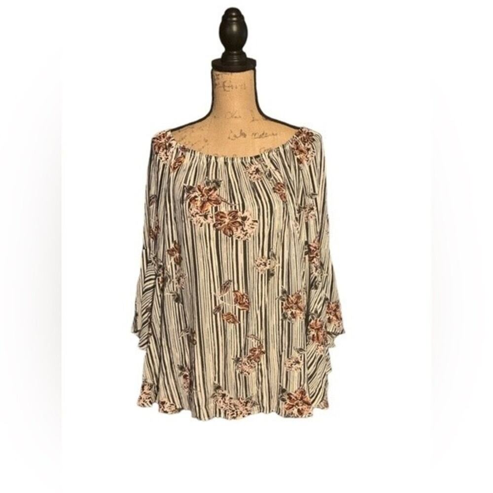 Fever Women’s Blouse Top Bell‎ Sleeve Floral Striped Off the Shoulder Size XL